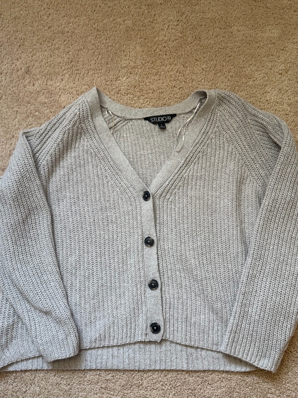 Studio Light Gray V-Neck Button Front Cardigan Sweater